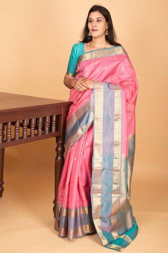 Paneer rose pink and dual tone blue retta patta border pure kanchi silk saree