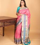 Paneer rose pink and dual tone blue retta patta border pure kanchi silk saree