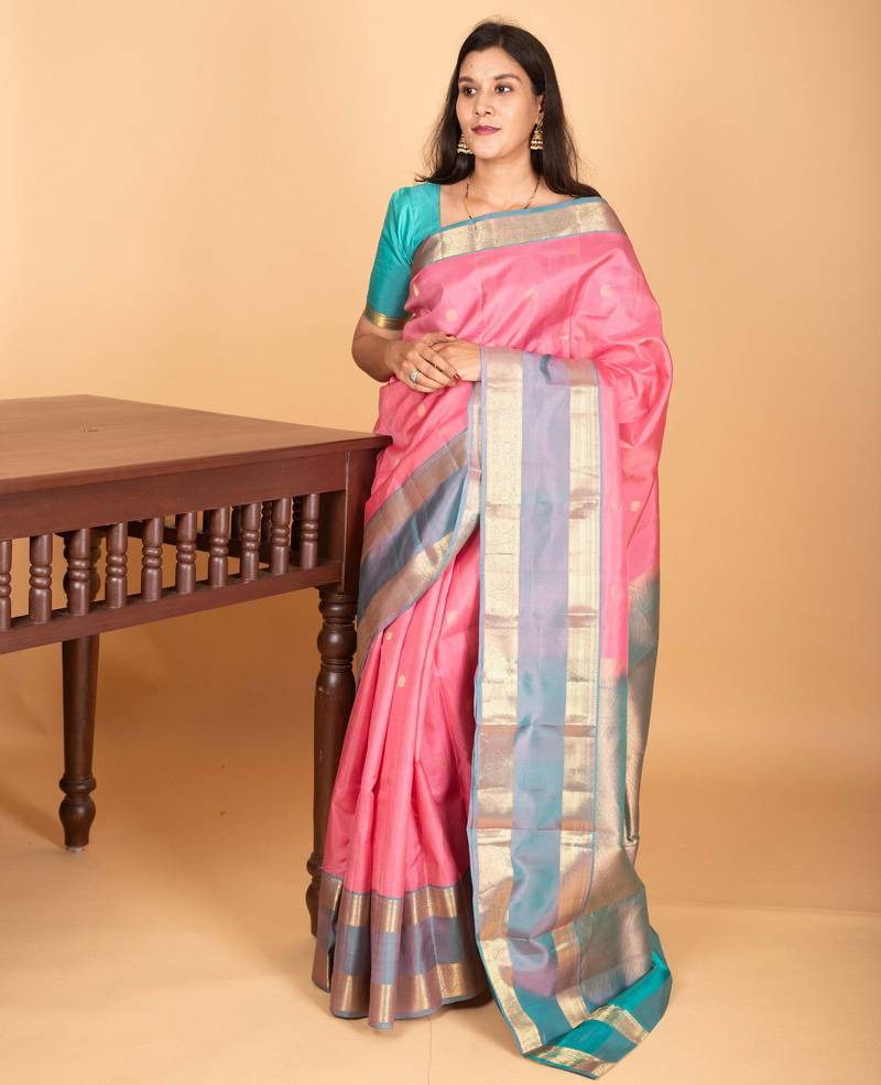 Paneer rose pink and dual tone blue retta patta border pure kanchi silk saree