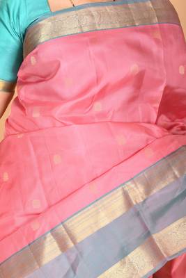 Paneer rose pink and dual tone blue retta patta border pure kanchi silk saree 2