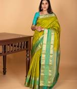 Apple green and dual tone blue butta pure kanchi silk saree