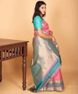 Paneer rose pink and dual tone blue retta patta border pure kanchi silk saree 3
