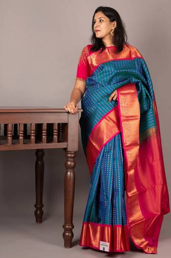 Blue and pink bridal silk saree