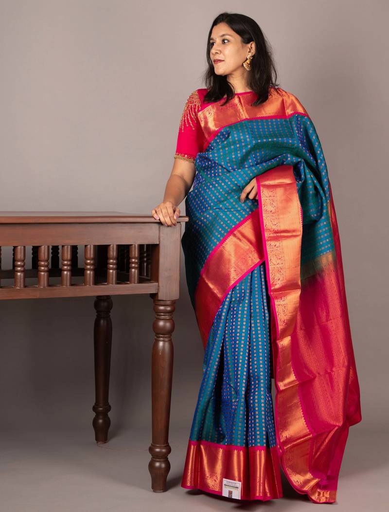 Blue and pink bridal silk saree
