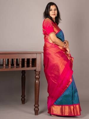 Blue and pink bridal silk saree 3