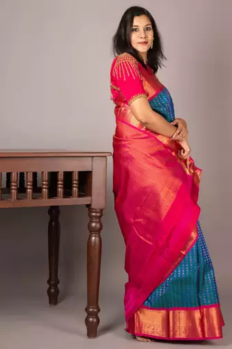 Blue and pink bridal silk saree