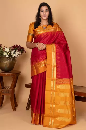 Apple red and gamboge yellow pure kanchi silk saree)