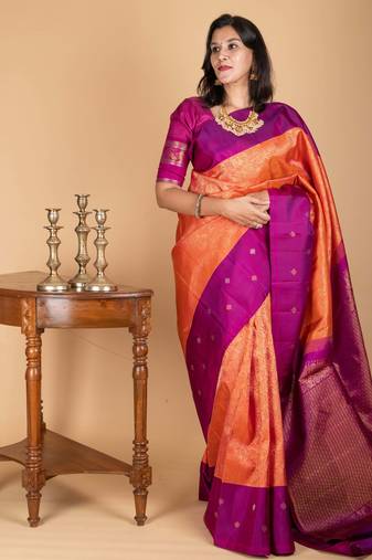 Orange and purple kanjivaram saree