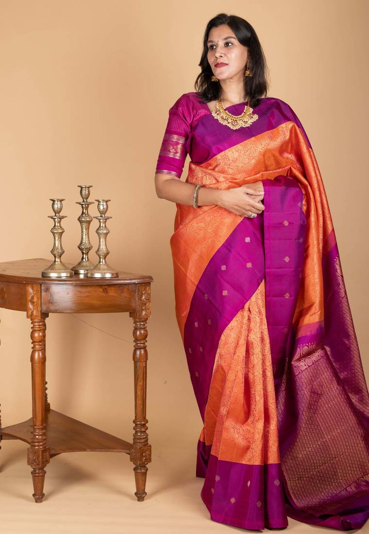 Orange and purple kanjivaram saree