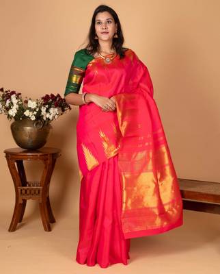Dual tone pink temple pure kanchi silk saree 1