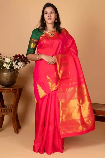 Dual tone pink temple pure kanchi silk saree