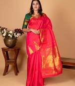 Dual tone pink temple pure kanchi silk saree