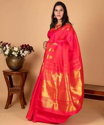Dual tone pink temple pure kanchi silk saree 3