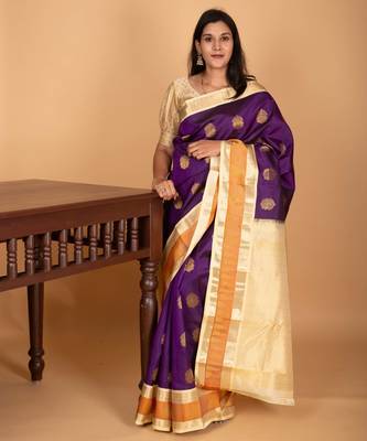 Ultra violet and pastel cream yellow retta patta temple border pure kanchi silk saree 1