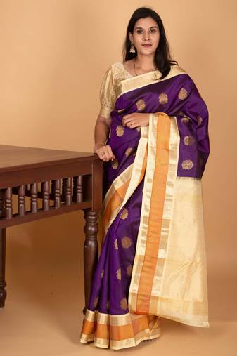 Ultra violet and pastel cream yellow retta patta temple border pure kanchi silk saree