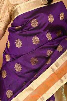 Ultra violet and pastel cream yellow retta patta temple border pure kanchi silk saree 2