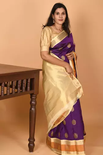 Ultra violet and pastel cream yellow retta patta temple border kanchi silk saree with blouse