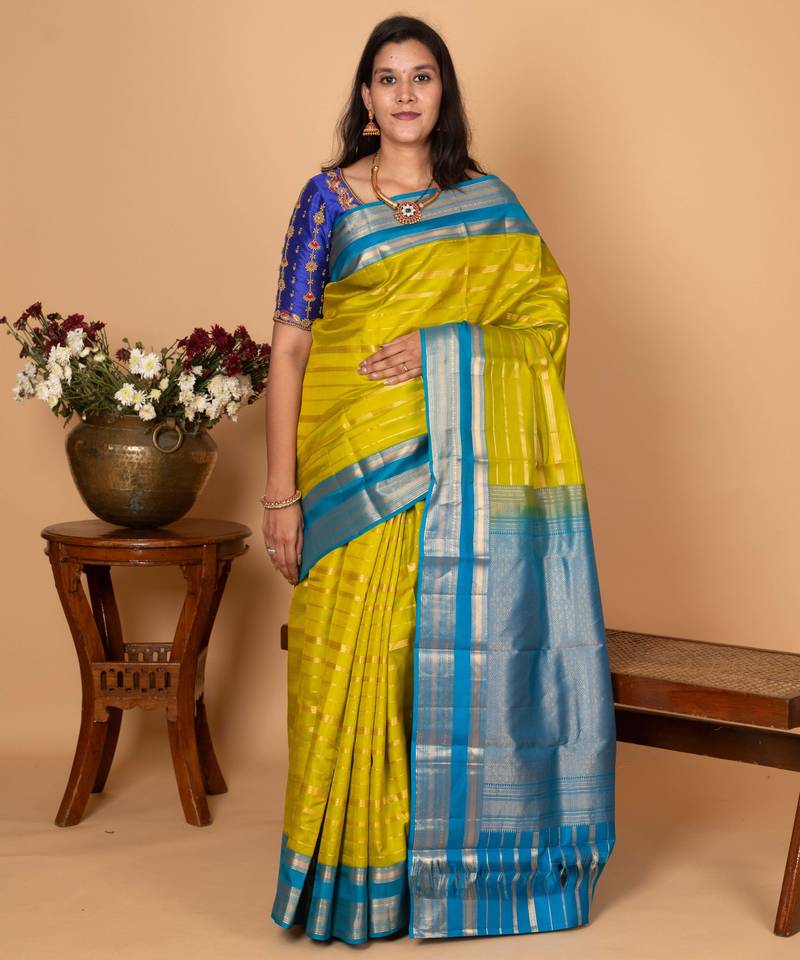 Pear green and blue korvai pure kanchi silk saree