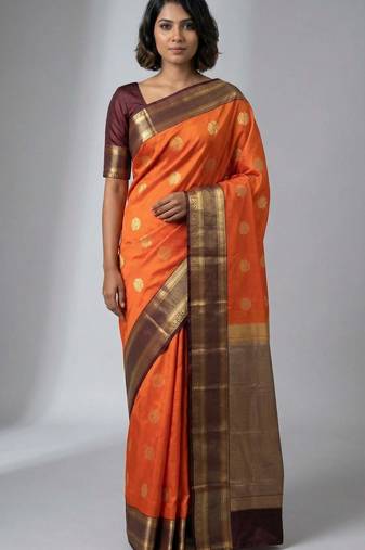 Pumpkin orange and chocolate brown semi silk saree
