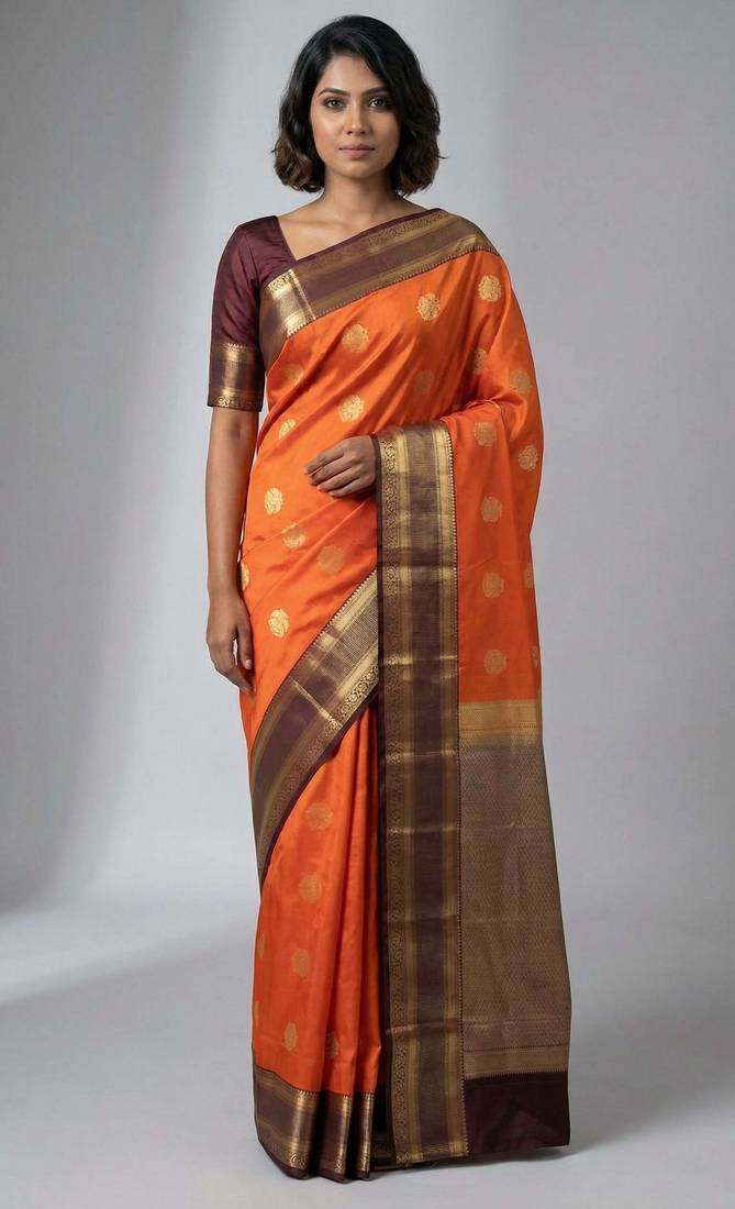 Pumpkin orange and chocolate brown semi silk saree