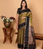 Olive green and black retta patta border pure kanchi silk saree