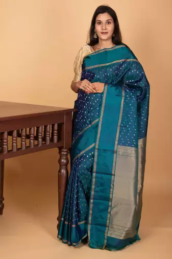 Peacock blue butta pure kanchi silk saree