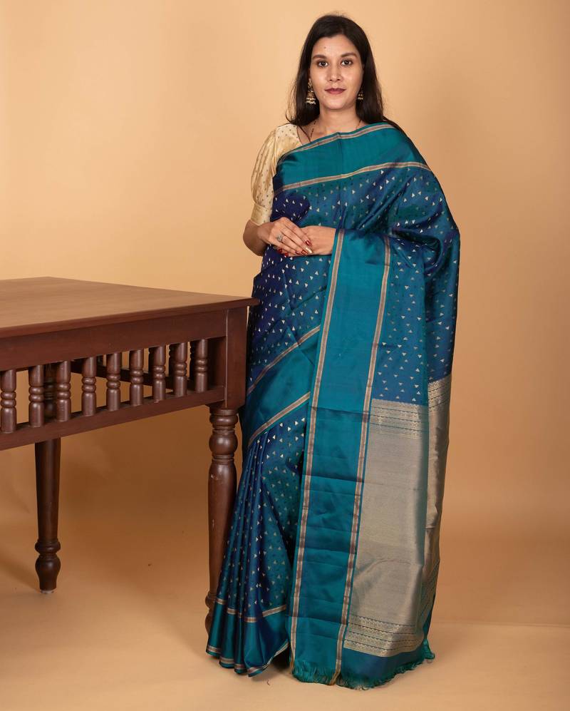 Peacock blue butta pure kanchi silk saree