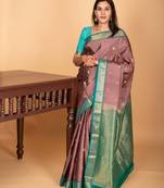 Brownish pink and tiffany blue butta pure kanchi silk saree