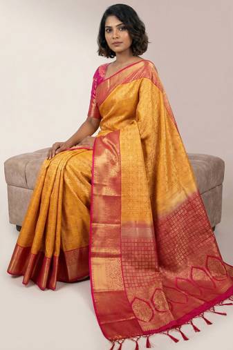 Yellow orange and pink designer soft silk saree