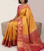 Yellow orange and pink designer soft silk saree
