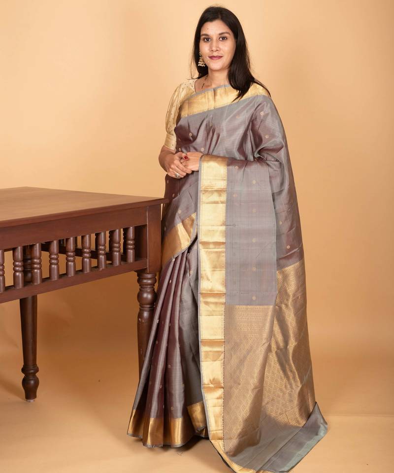 Steel grey butta pure kanjivaram silk saree