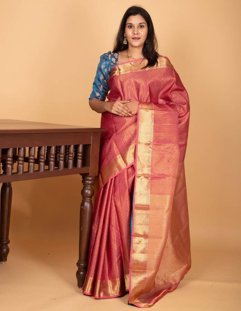 Candy pink and aqua blue tissue pure kanjivaram silk saree