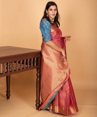 Candy pink and aqua blue tissue pure kanjivaram silk saree 2