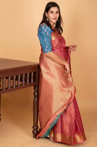 Candy pink and aqua blue tissue kanjivaram silk saree with blouse