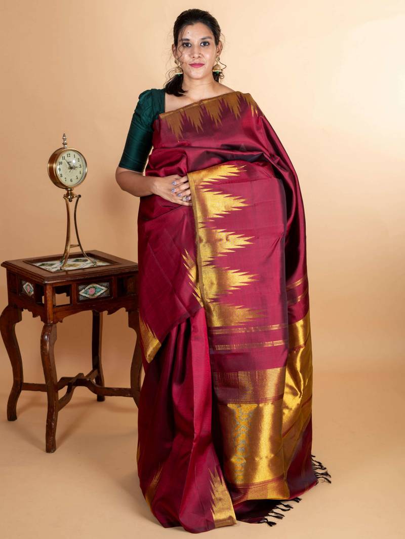Maroon temple border kanjipuram silk saree