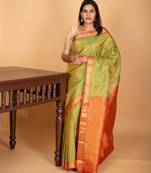 Dual tone green and dual tone orange small border kanchi pure silk saree