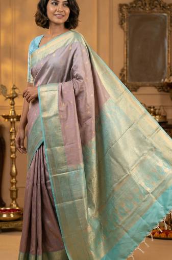 Dusky rose and ice blue soft silk saree