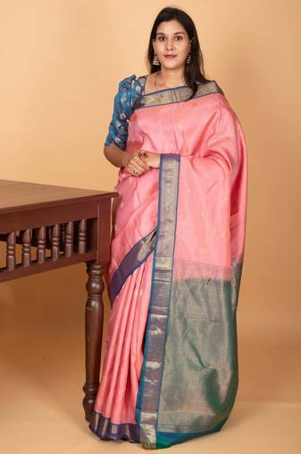 Paneer rose pink and peacock blue small border kanchi pure silk saree