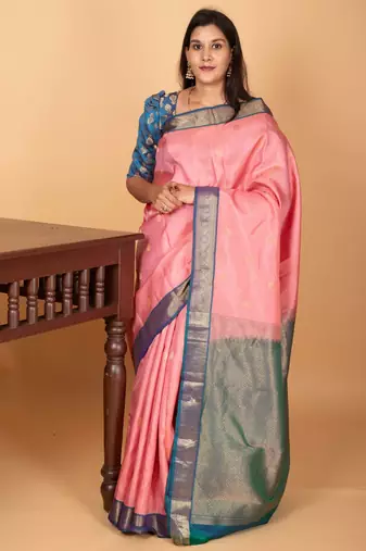Paneer rose pink and peacock blue small border kanchi pure silk saree