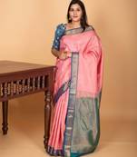 Paneer rose pink and peacock blue small border kanchi pure silk saree