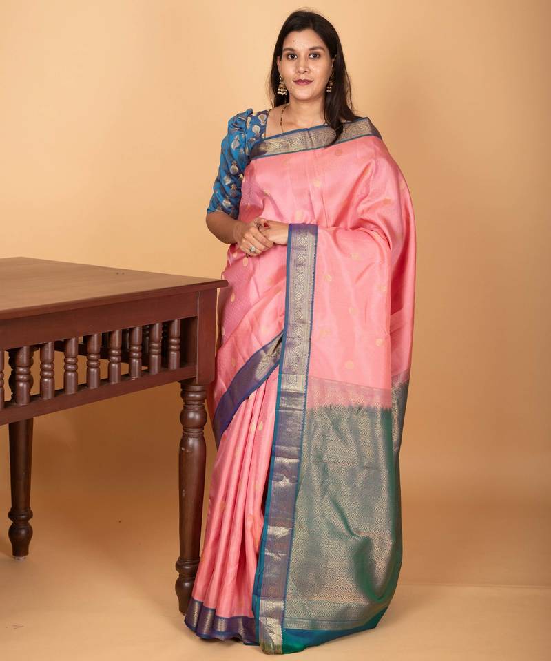 Paneer rose pink and peacock blue small border kanchi pure silk saree