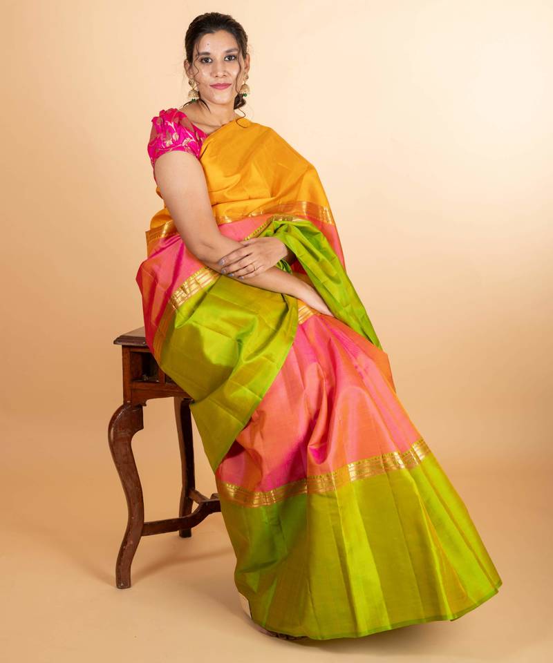 Earthy green-yellow two tone saree