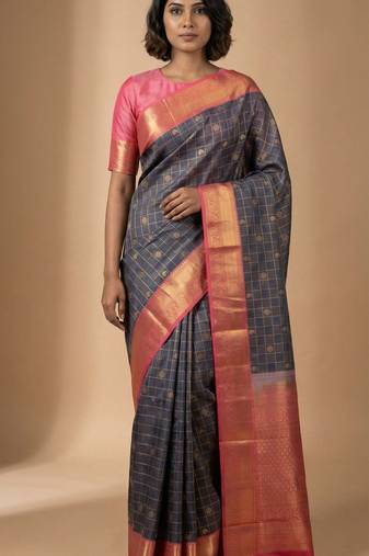 Steel grey and dazzle pink soft silk saree