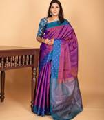 Dual tone purple and peacock blue zari striped pure kanchi silk saree