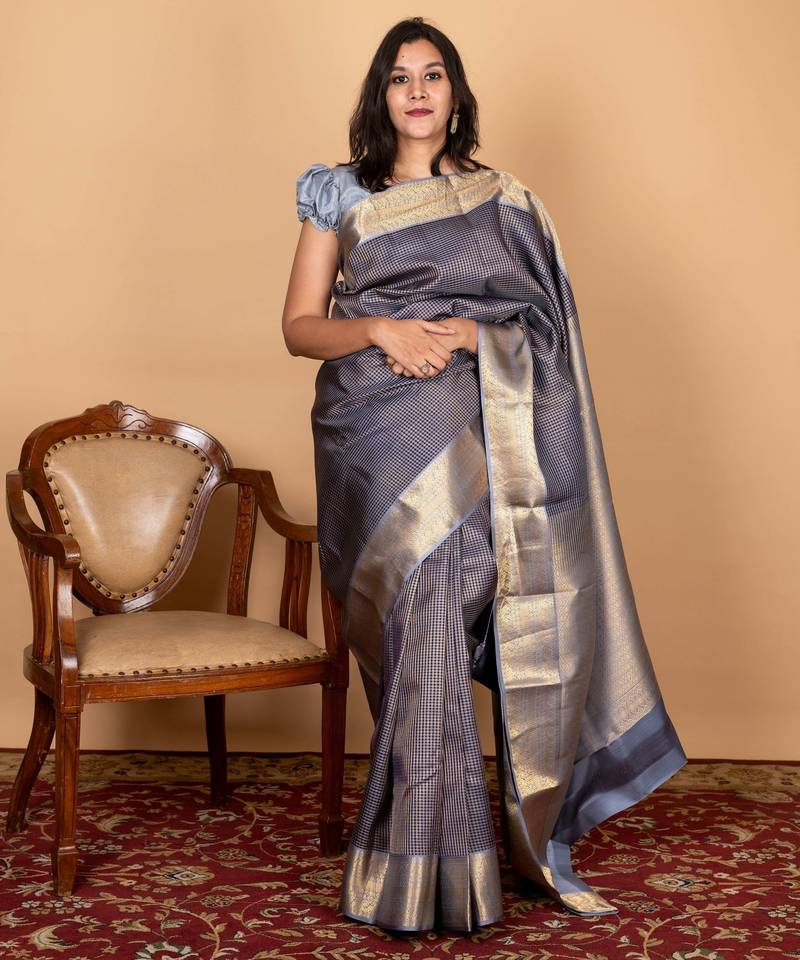Blue and grey small border silk saree