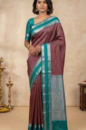 Maroon and peacock green semi silk saree