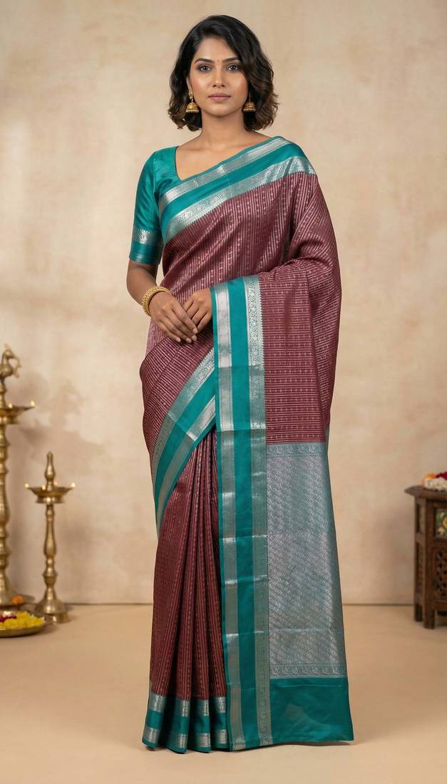 Maroon and peacock green semi silk saree