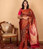 Brown and pink checks silk saree