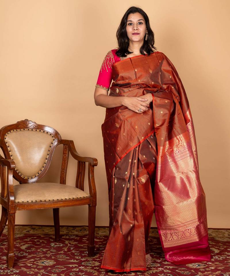 Brown and pink checks silk saree