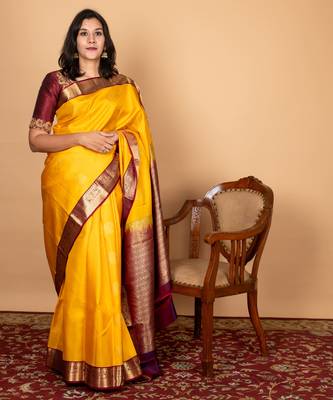 Yellow and maroon pure silk saree 1